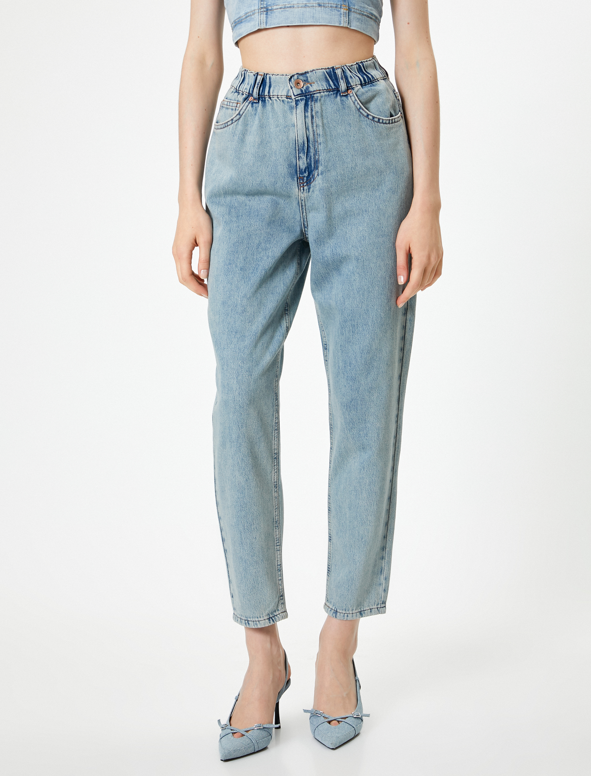 Yüksek Bel Kot Pantolon Kısa Paça Lastikli - Mom Jean