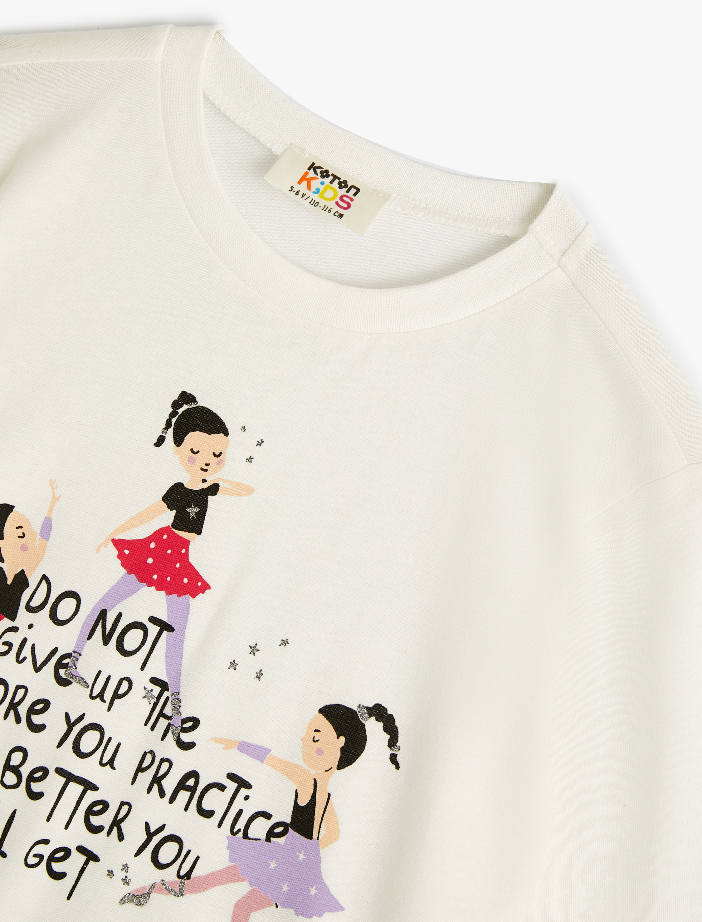  Kız Çocuk Balerin Baskılı Uzun Kollu Bisiklet Yaka Pamuklu Tişört