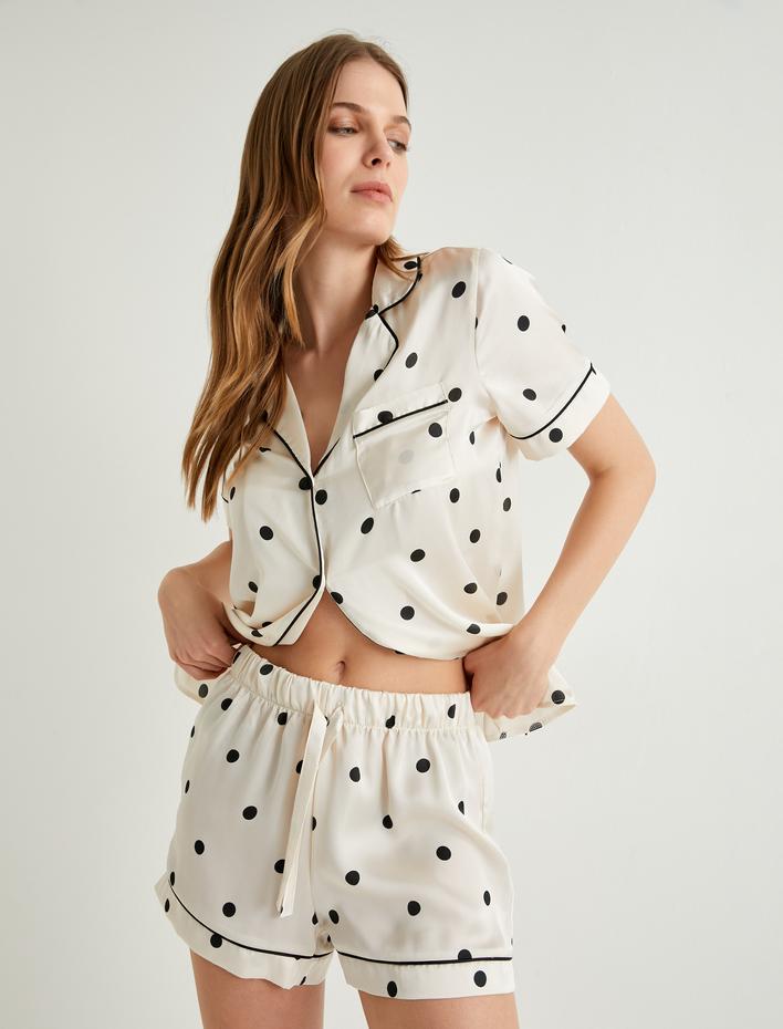  Puantiyeli Saten Pijama Altı Şort Beli Lastikli