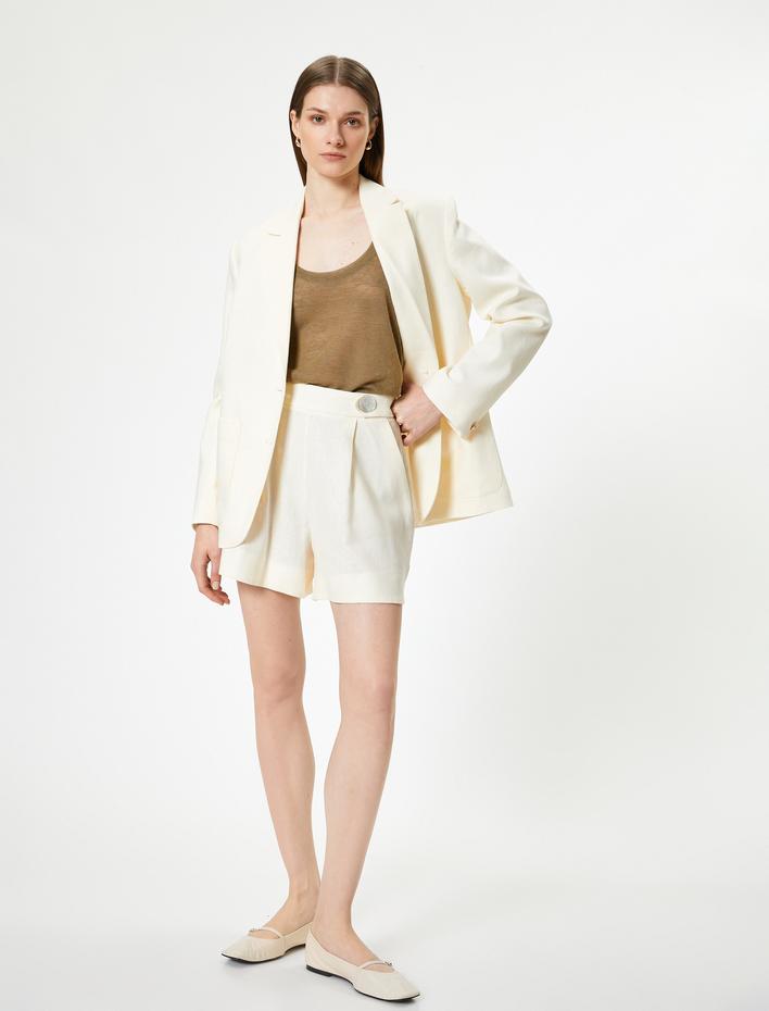  Keten Şort Kemer Detaylı Cepli Pensli