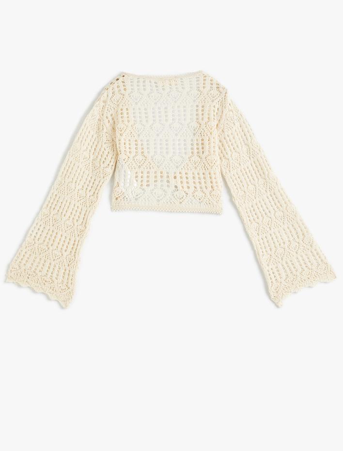 Kız Çocuk Crop Ajurlu Hırka V Yaka Uzun Kollu