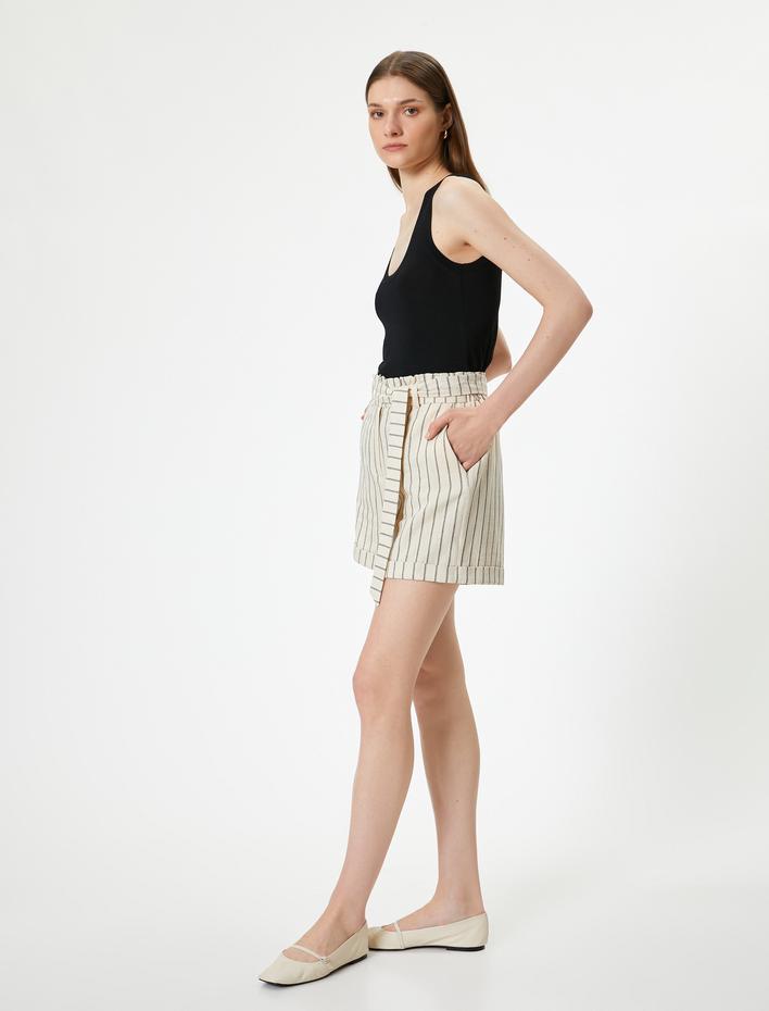  Keten Karışımlı Çizgili Şort Yüksek Bel Cepli