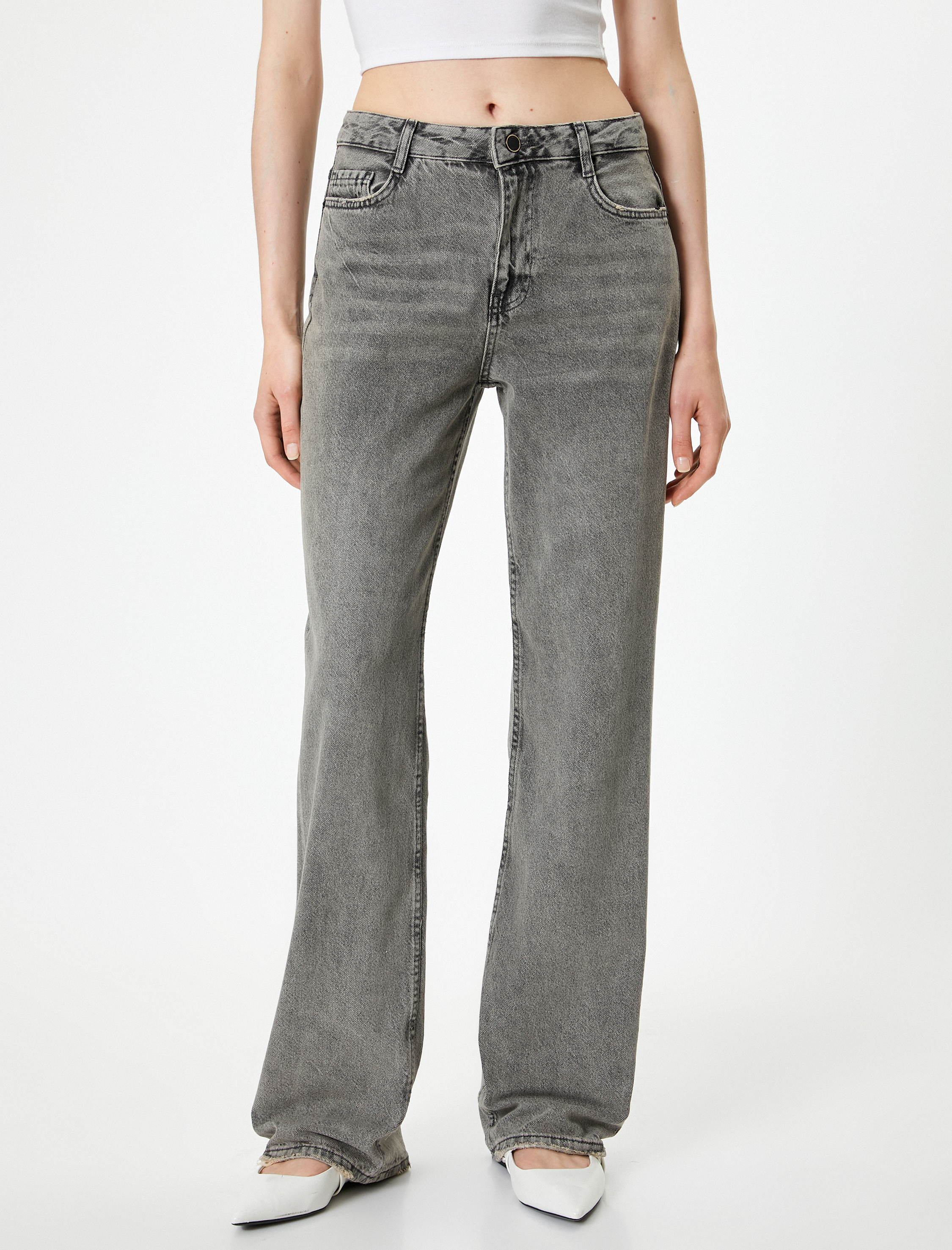   Düz Bol Paça Standart Bel Straight Fit Yıkamalı Kot Pantolon - Nora Jean