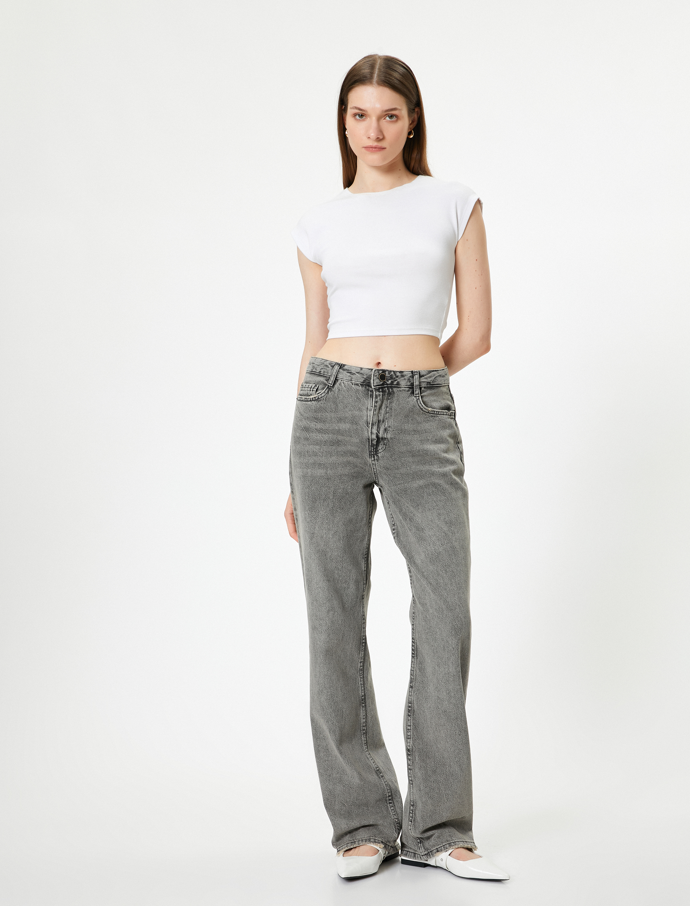   Düz Bol Paça Standart Bel Straight Fit Yıkamalı Kot Pantolon - Nora Jean