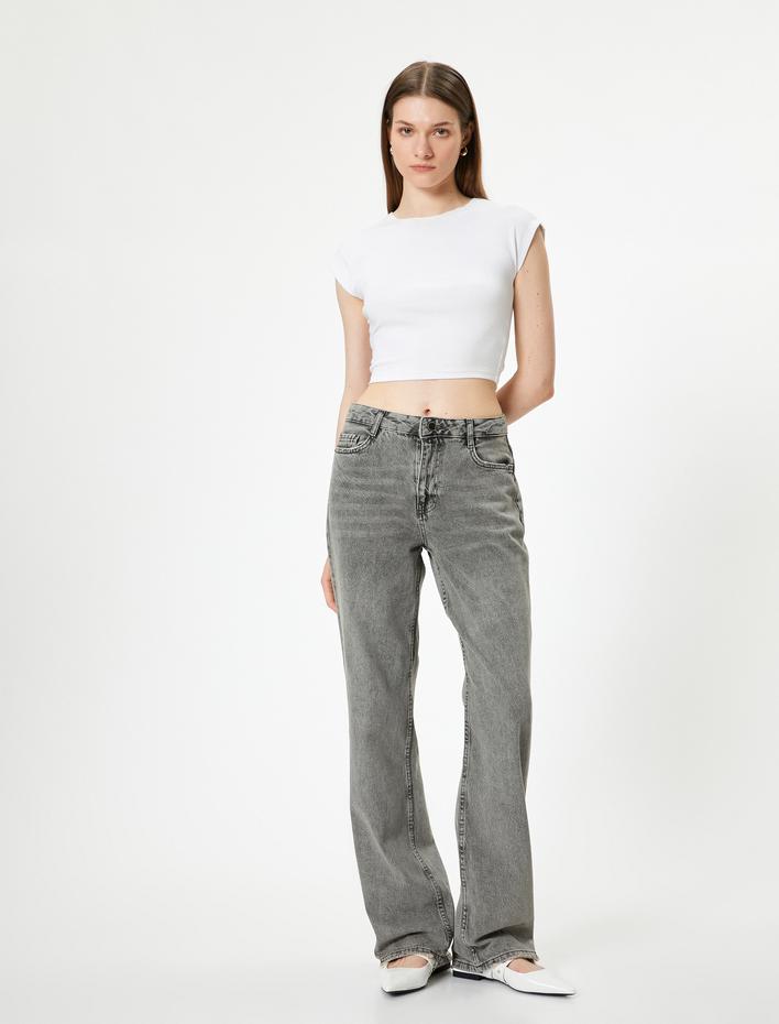  Düz Bol Paça Standart Bel Straight Fit Yıkamalı Kot Pantolon - Nora Jean