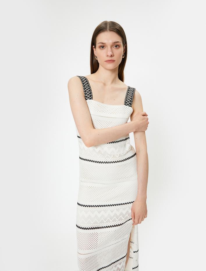  Uzun Kroşe Elbise Astarlı Kalın Askılı Yırtmaç Detaylı Renk Kontrastlı