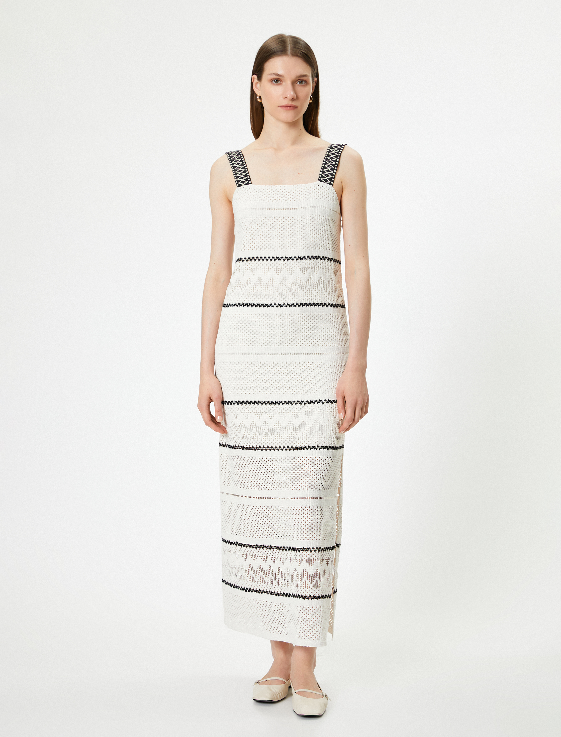   Uzun Kroşe Elbise Astarlı Kalın Askılı Yırtmaç Detaylı Renk Kontrastlı