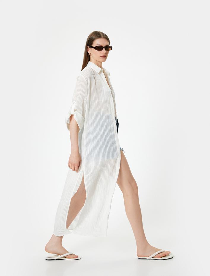  Çizgili Uzun Gömlek Elbise Kıvrımlı 3/4 Kol Dokulu Viskoz Kumaş