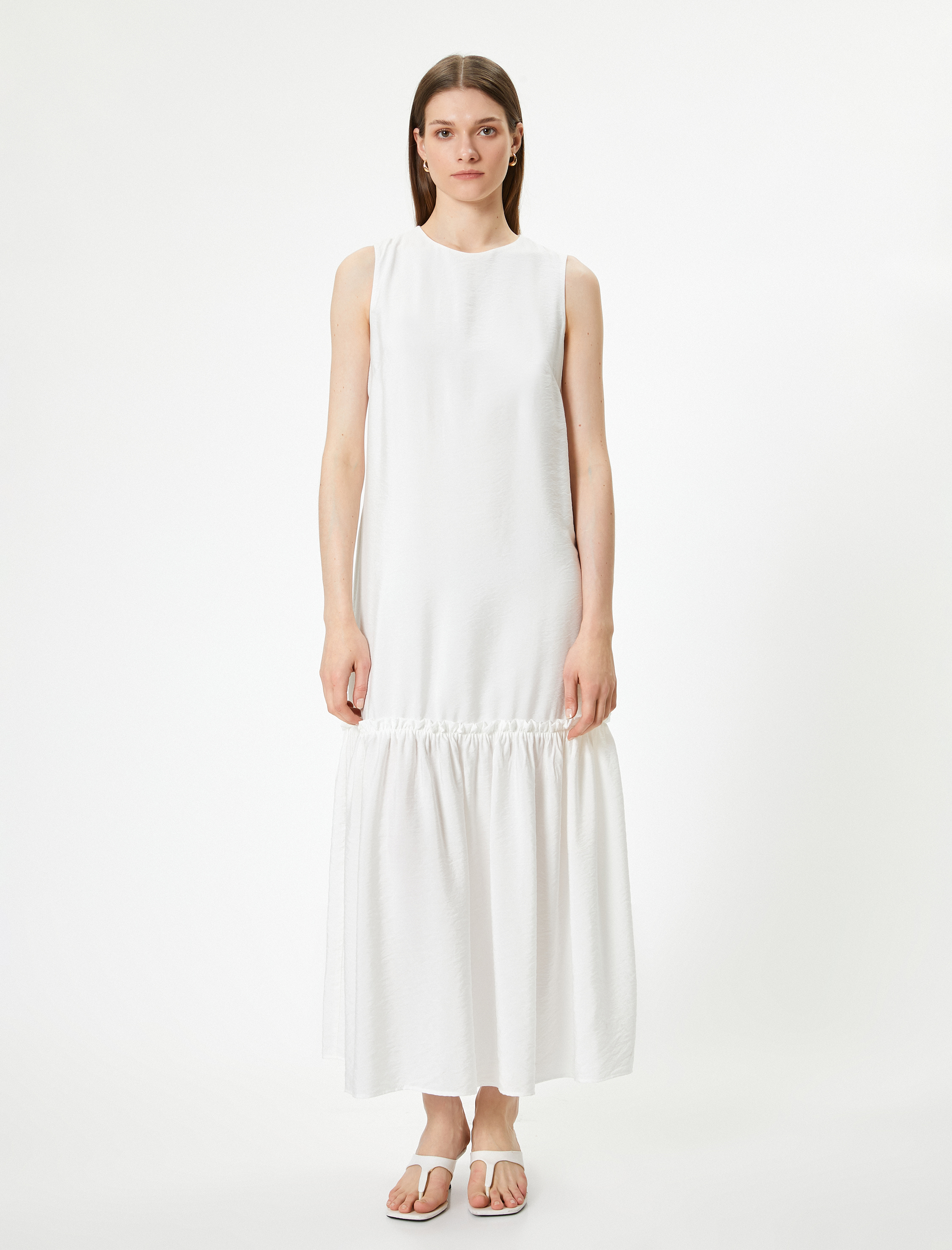 Kolsuz Viskon Uzun Elbise Astarlı Etek Uçları Fırfırlı Bisiklet Yaka