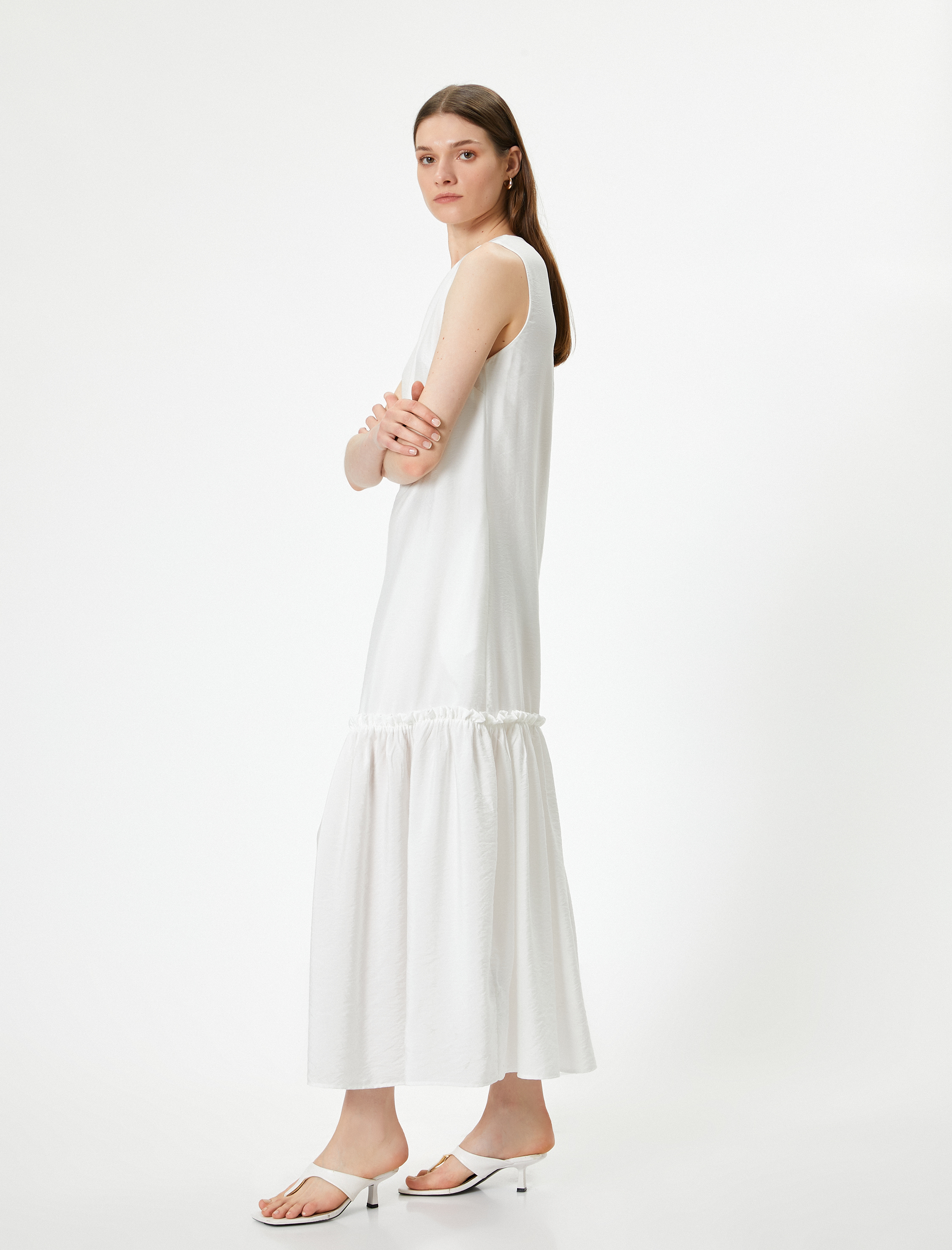 Kolsuz Viskon Uzun Elbise Astarlı Etek Uçları Fırfırlı Bisiklet Yaka