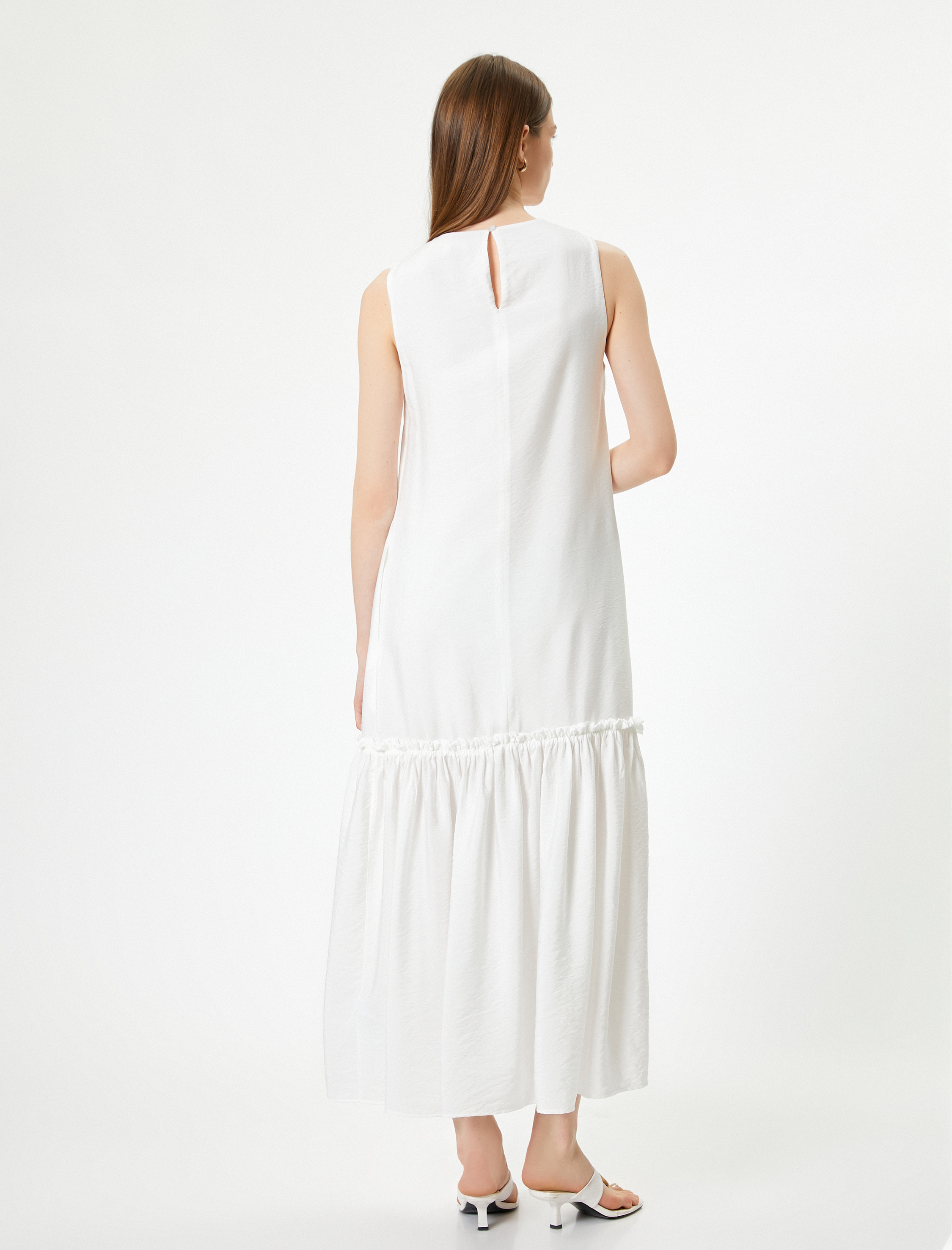 Kolsuz Viskon Uzun Elbise Astarlı Etek Uçları Fırfırlı Bisiklet Yaka