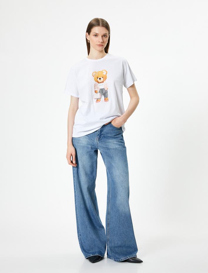  Ayıcık Baskılı Tişört Kısa Kollu Bisiklet Yaka Rahat Kalıp Pamuklu