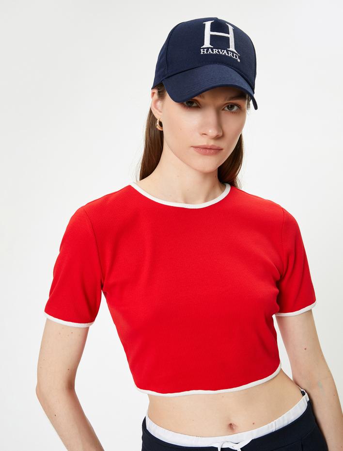  Crop Tişört Slim Fit Kısa Kollu Bisiklet Yaka Kaşkorse Renk Kontrastlı