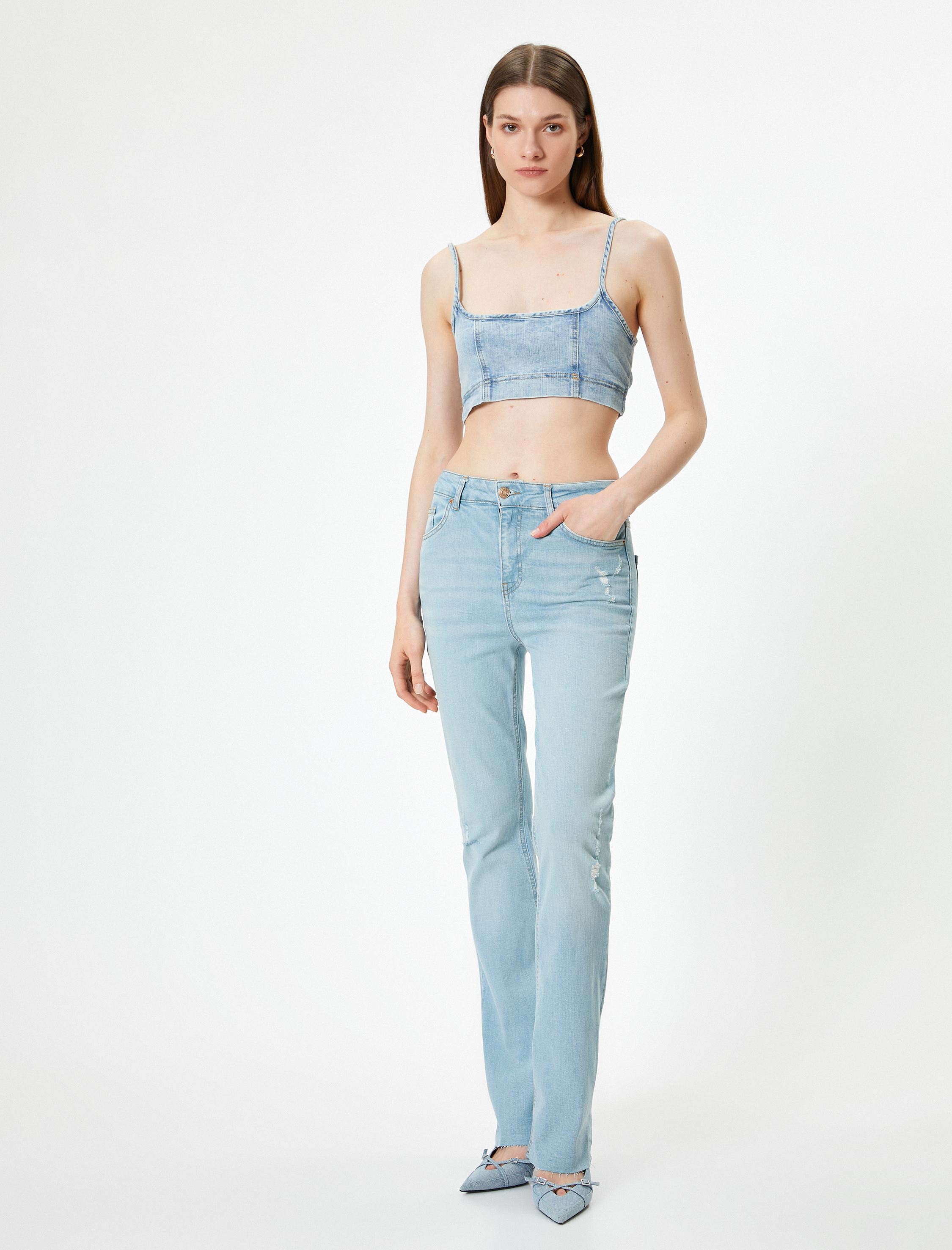   Hafif İspanyol Paça Kot Pantolon Dar Kesim Yüksek Bel - Flare Slim Jean