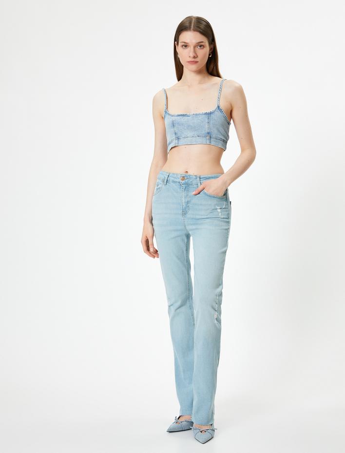  Hafif İspanyol Paça Kot Pantolon Dar Kesim Yüksek Bel - Flare Slim Jean