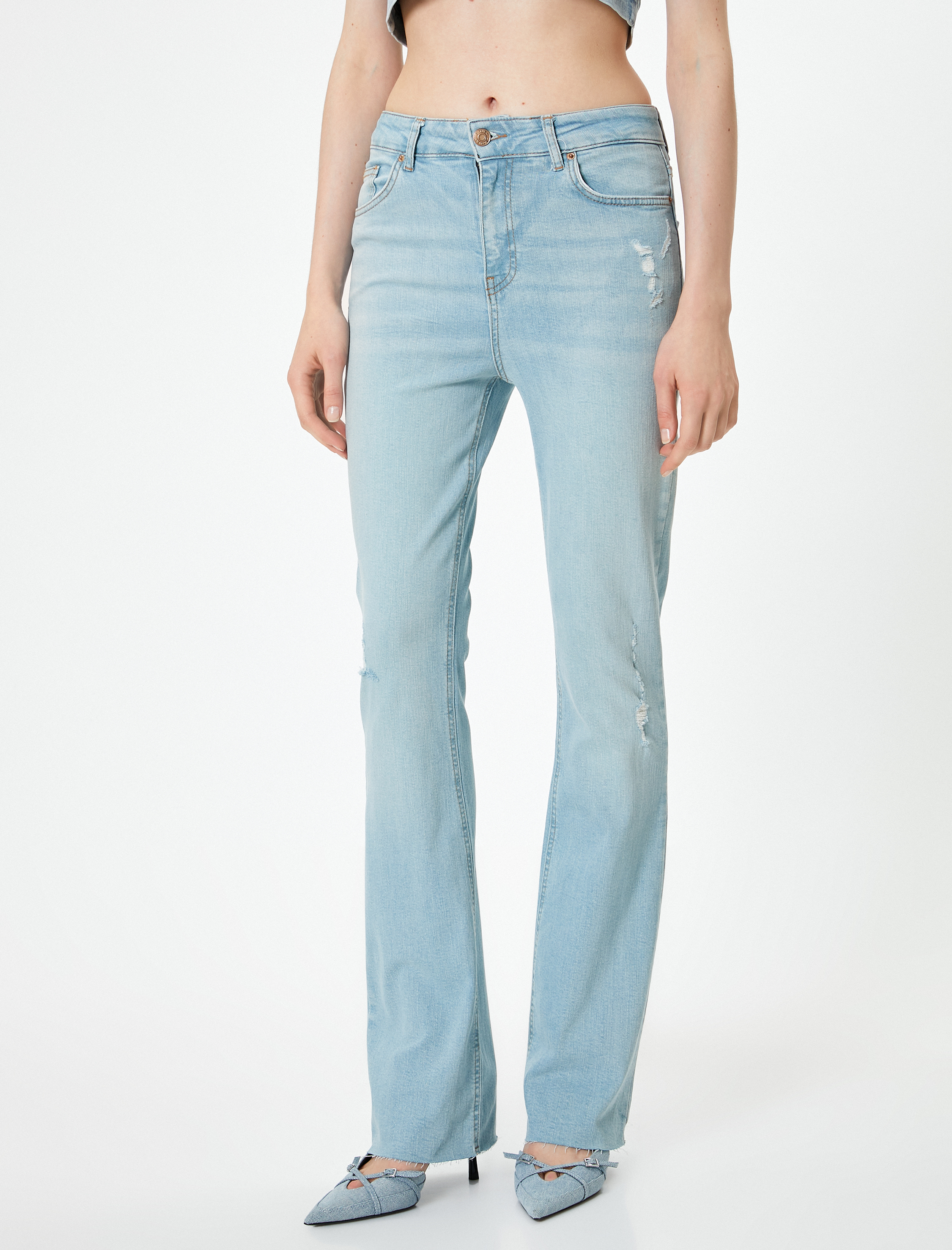   Hafif İspanyol Paça Kot Pantolon Dar Kesim Yüksek Bel - Flare Slim Jean