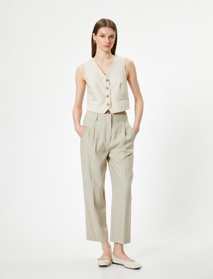  Keten Havuç Pantolon Yüksek Bel Bol Kalıp Astarlı Cepli