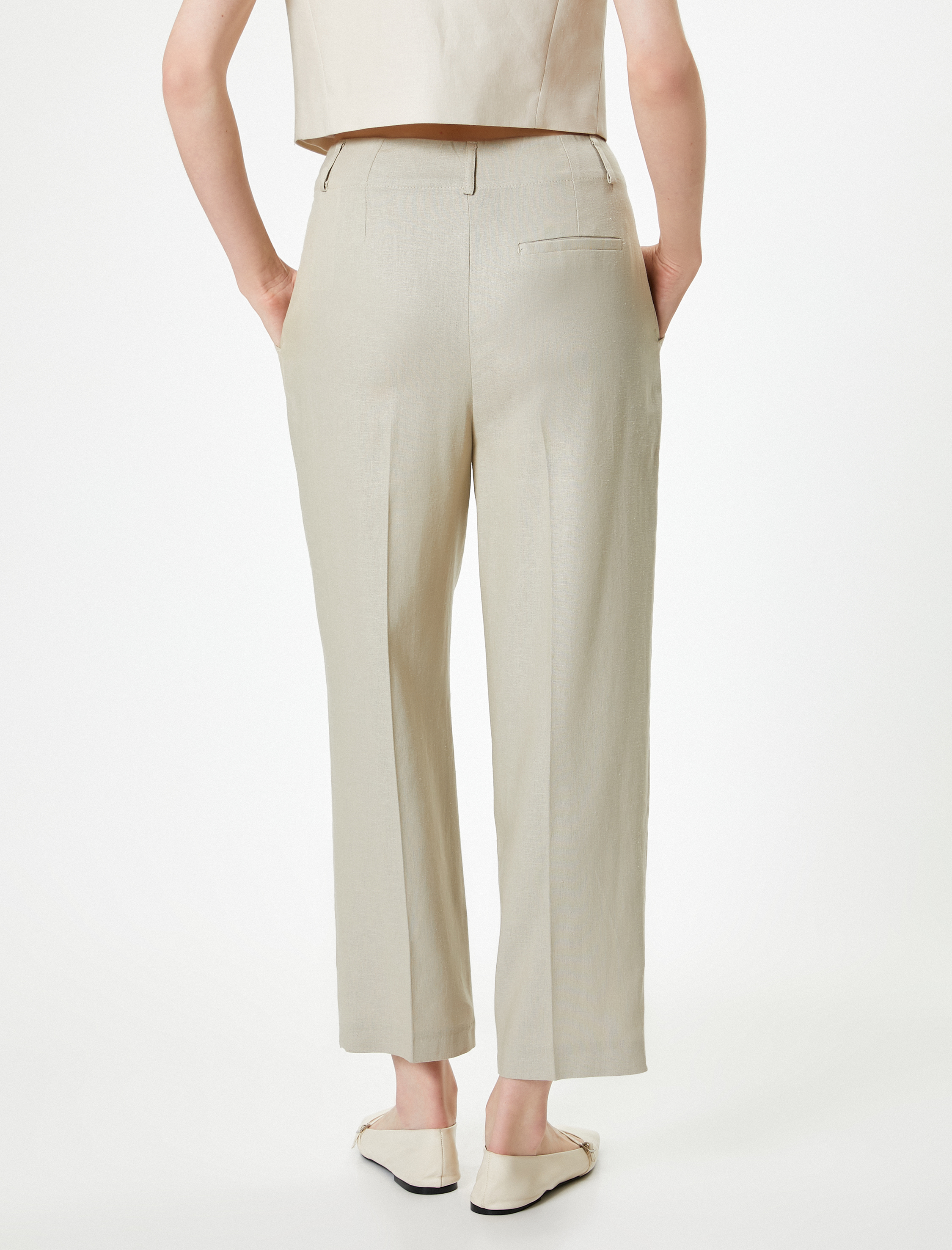   Keten Havuç Pantolon Yüksek Bel Bol Kalıp Astarlı Cepli