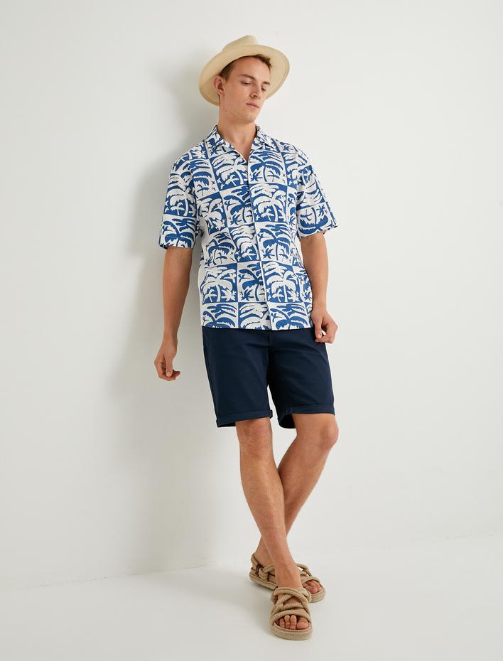  Hawaii Gömlek Kısa Kollu Palmiye Desenli Düğmeli Yaka Detaylı Pamuklu Regular Fit