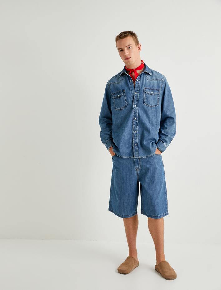  Bermuda Kot Şort Relax Fit Düğmeli