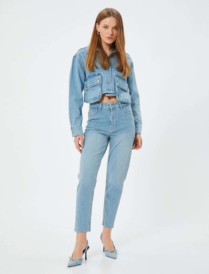  Yüksek Bel Kot Pantolon Düz Paça Slim Fit Pamuklu -  Slim Fit Jean