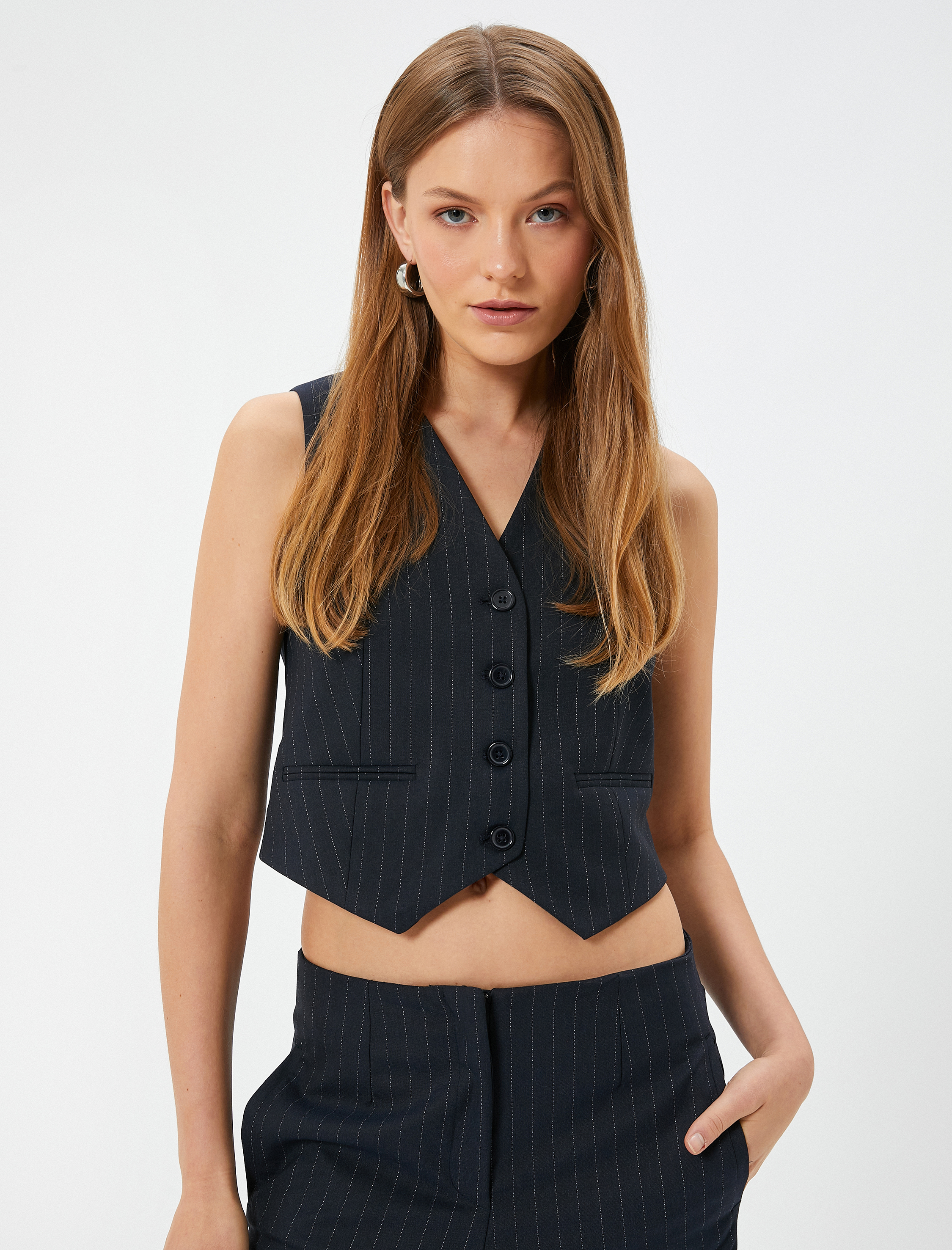 Koton Kadın Blazer Yelek Fleto Cep Detaylı  V Yaka Slim Fit -1