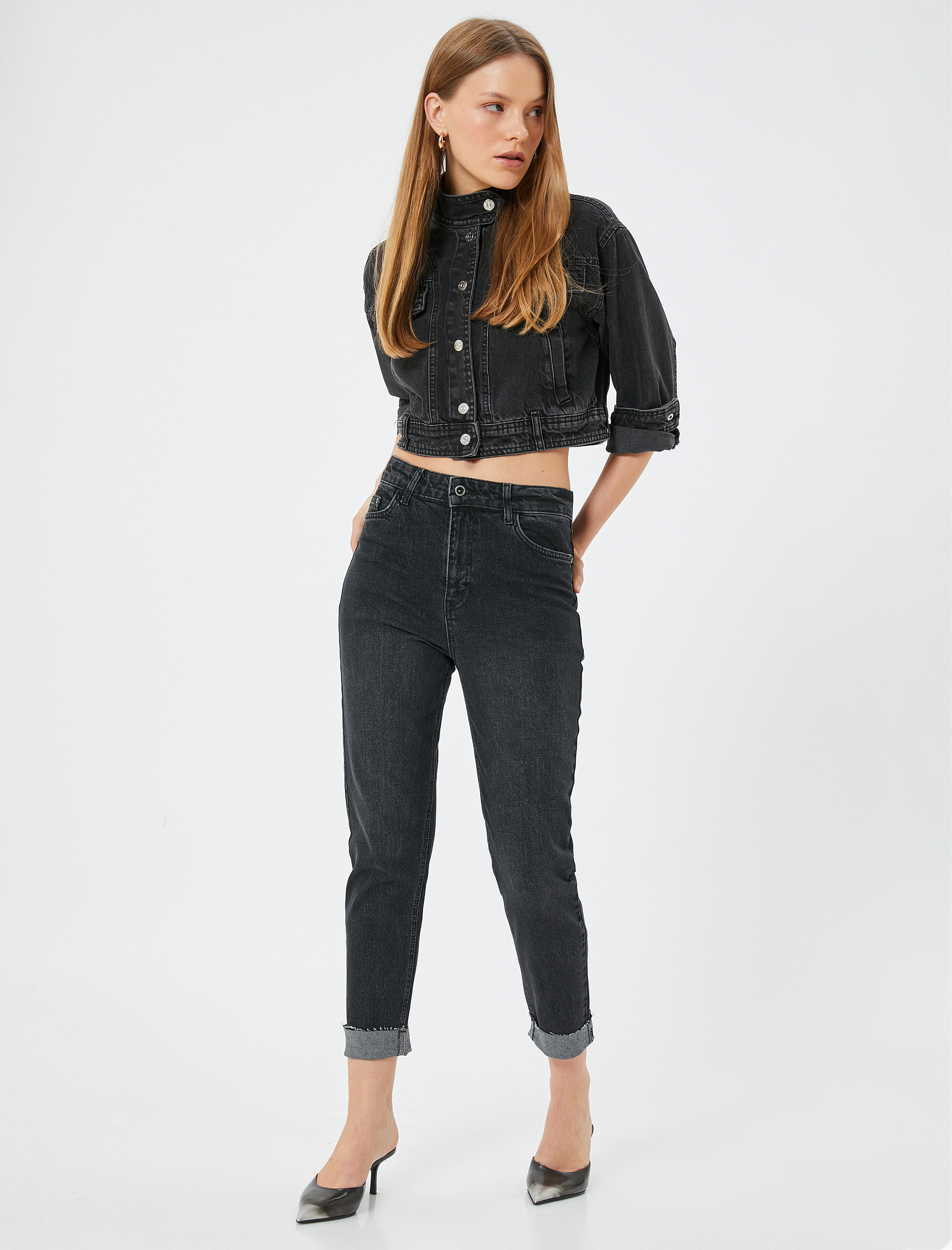   Yüksek Bel Kot Pantolon Düz Paça Slim Fit Pamuklu -  Slim Fit Jean