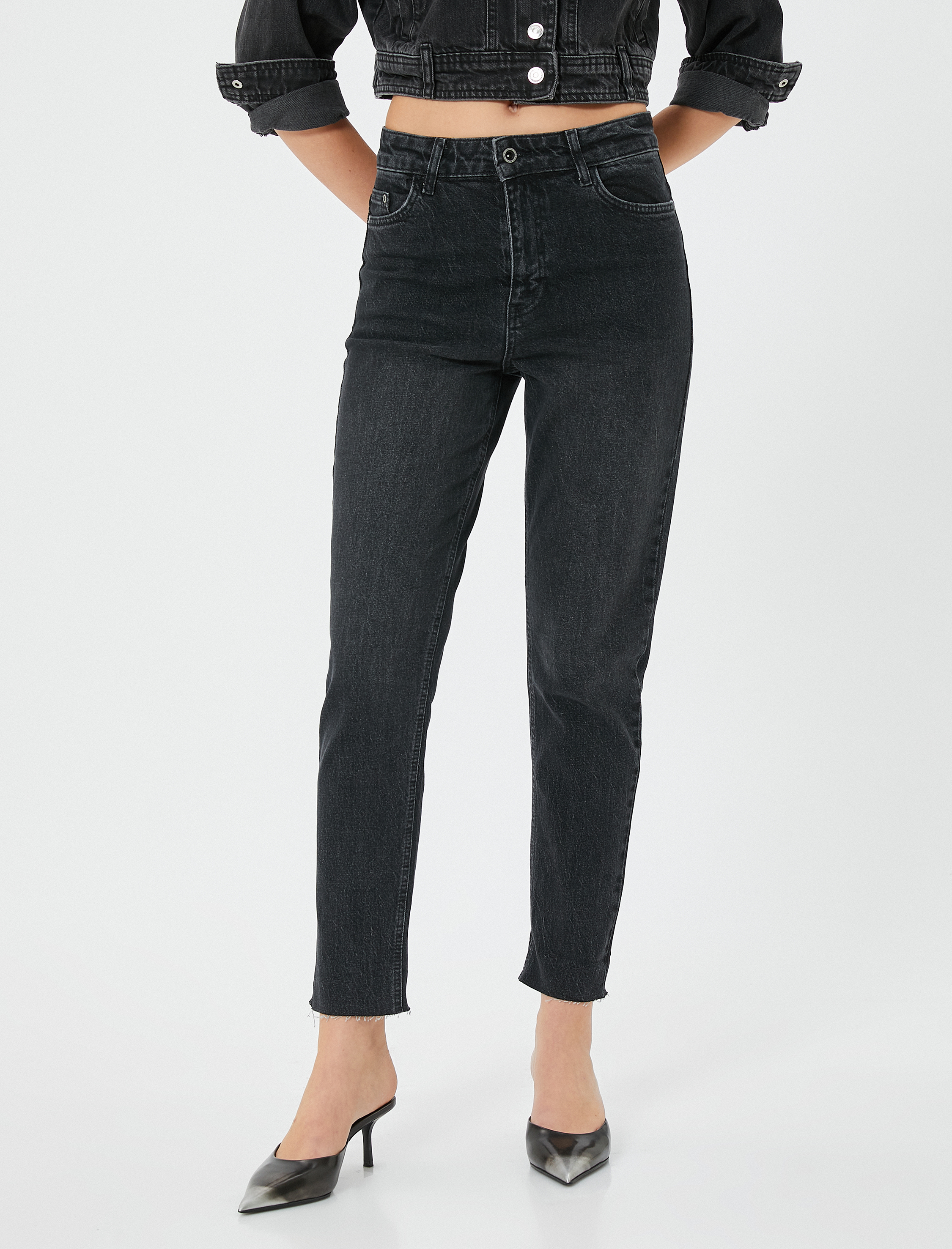   Yüksek Bel Kot Pantolon Düz Paça Slim Fit Pamuklu -  Slim Fit Jean