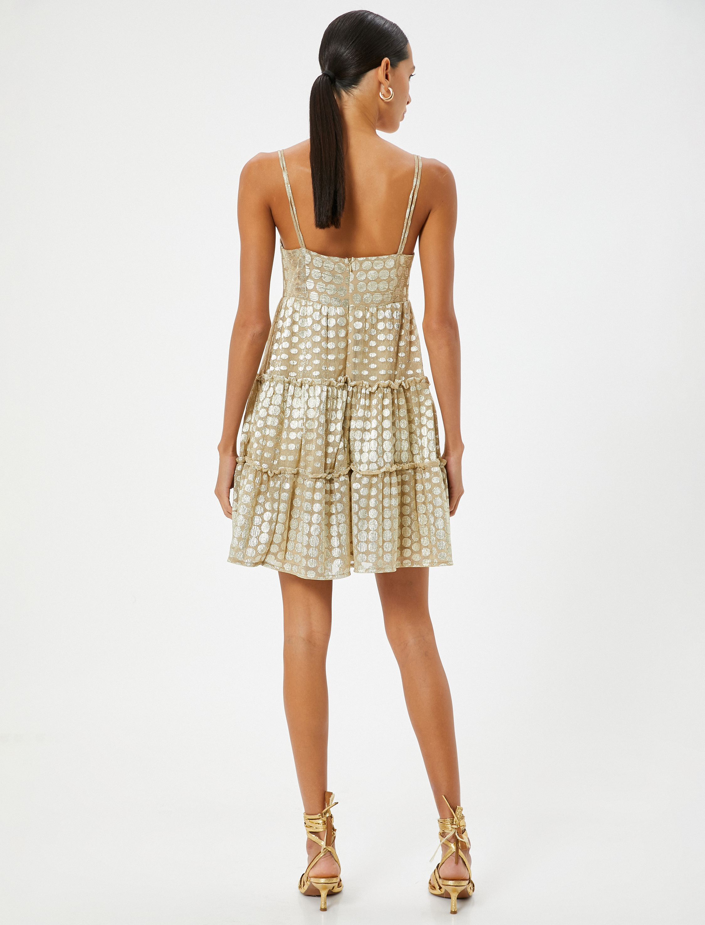   Puantiyeli Mini Elbise Metalik Dokulu Askılı Büzgülü Volanlı