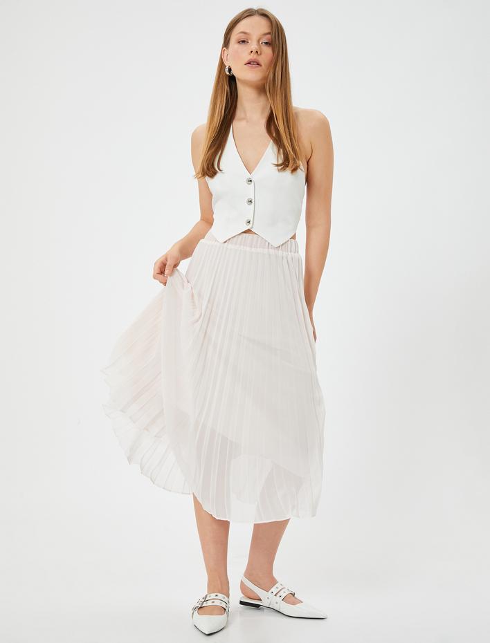  Midi Tül İnce Pliseli Etek Astarlı Yüksek Bel