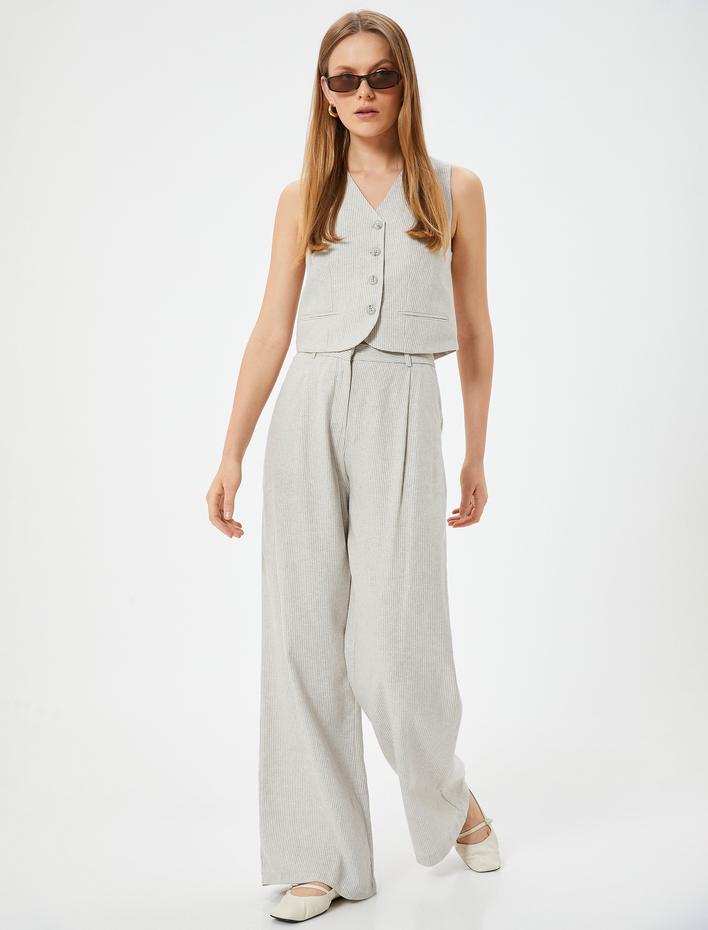  Çizgili Keten Yelek Fleto Cep Detaylı  V Yaka Slim Fit