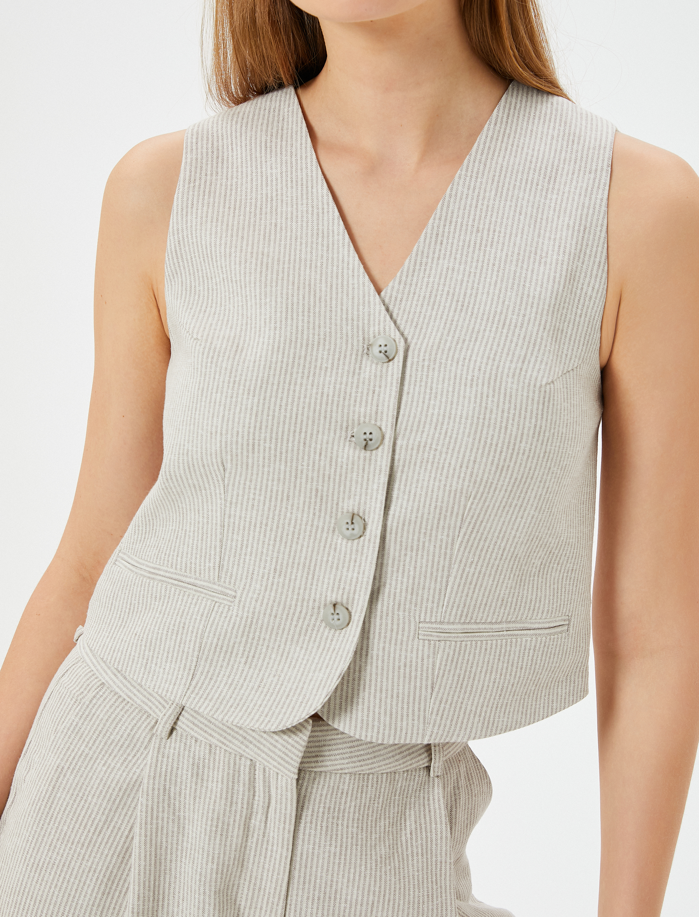   Çizgili Keten Yelek Fleto Cep Detaylı  V Yaka Slim Fit