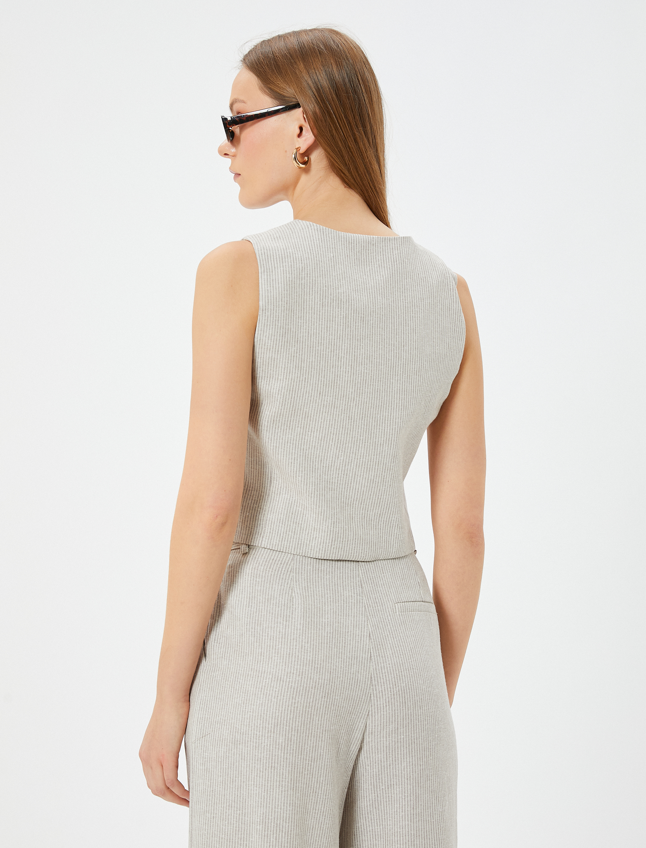   Çizgili Keten Yelek Fleto Cep Detaylı  V Yaka Slim Fit