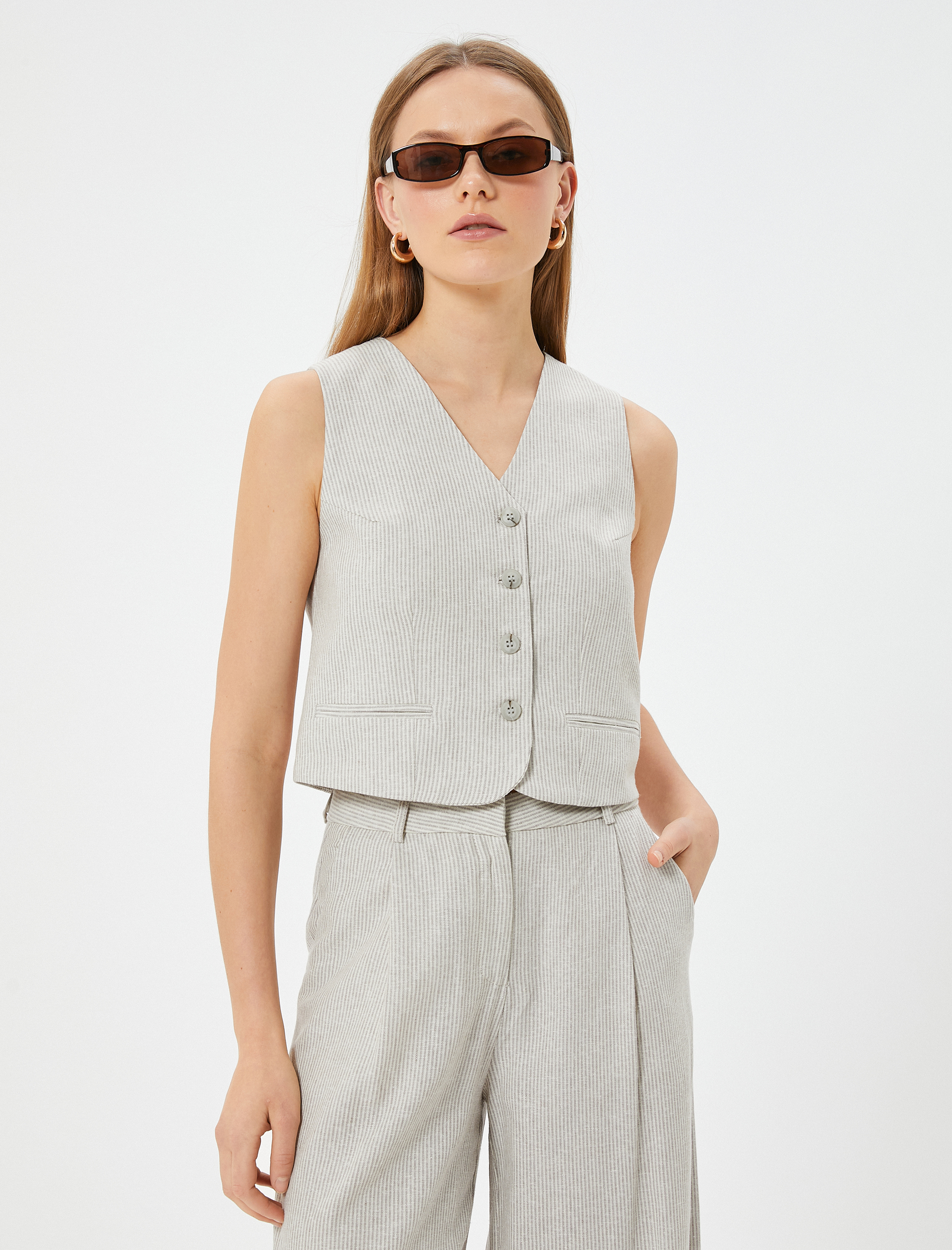   Çizgili Keten Yelek Fleto Cep Detaylı  V Yaka Slim Fit