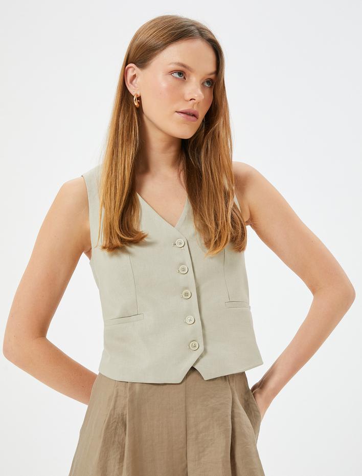  Keten Yelek Fleto Cep Detaylı  V Yaka Slim Fit