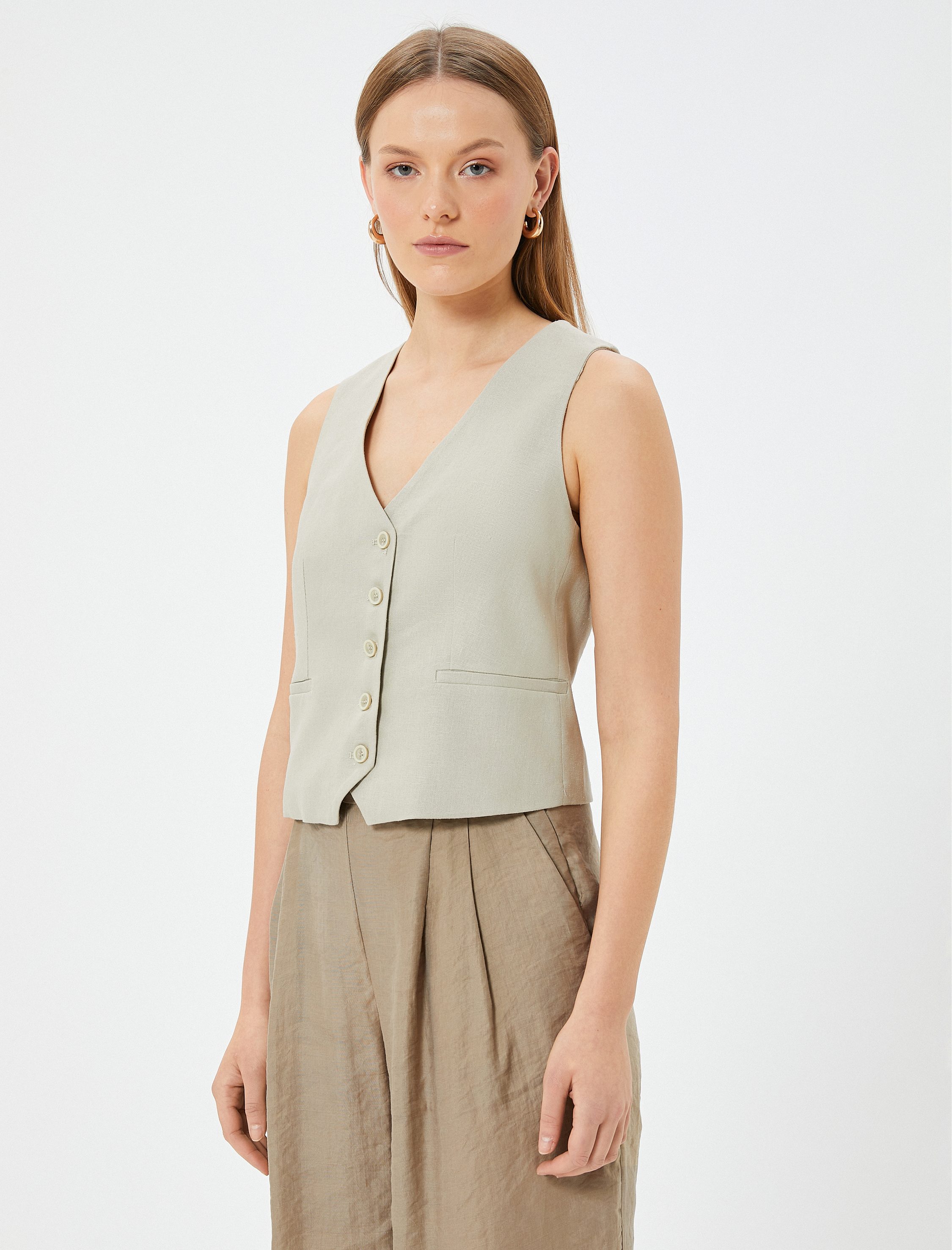   Keten Yelek Fleto Cep Detaylı  V Yaka Slim Fit