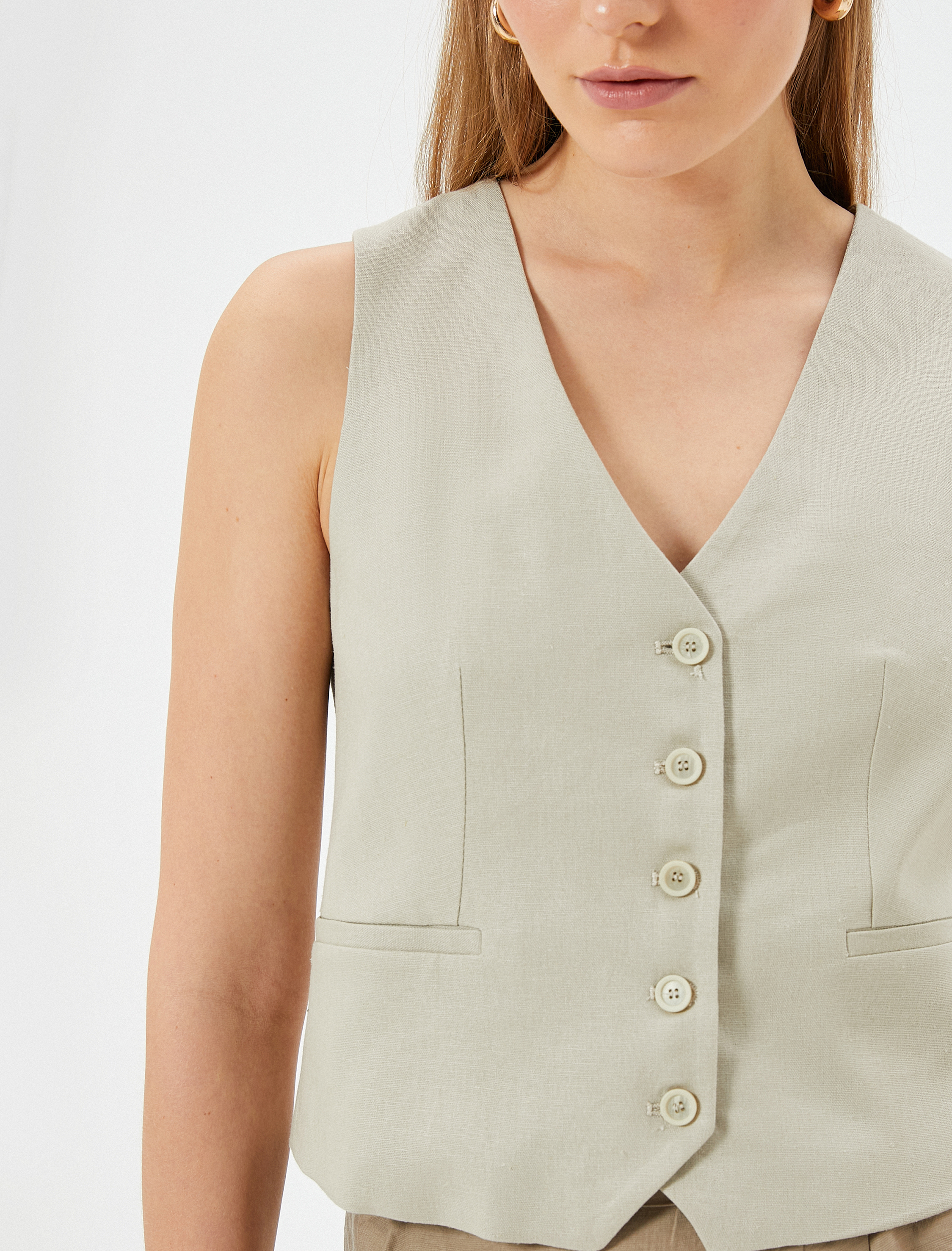   Keten Yelek Fleto Cep Detaylı  V Yaka Slim Fit