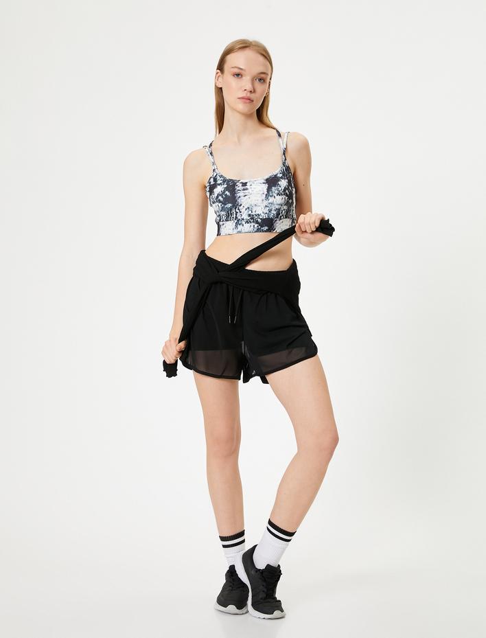  Sporcu Sütyeni Çapraz Askılı Kaplı U Yaka Soyut Desenli Slim Fit İnterlok