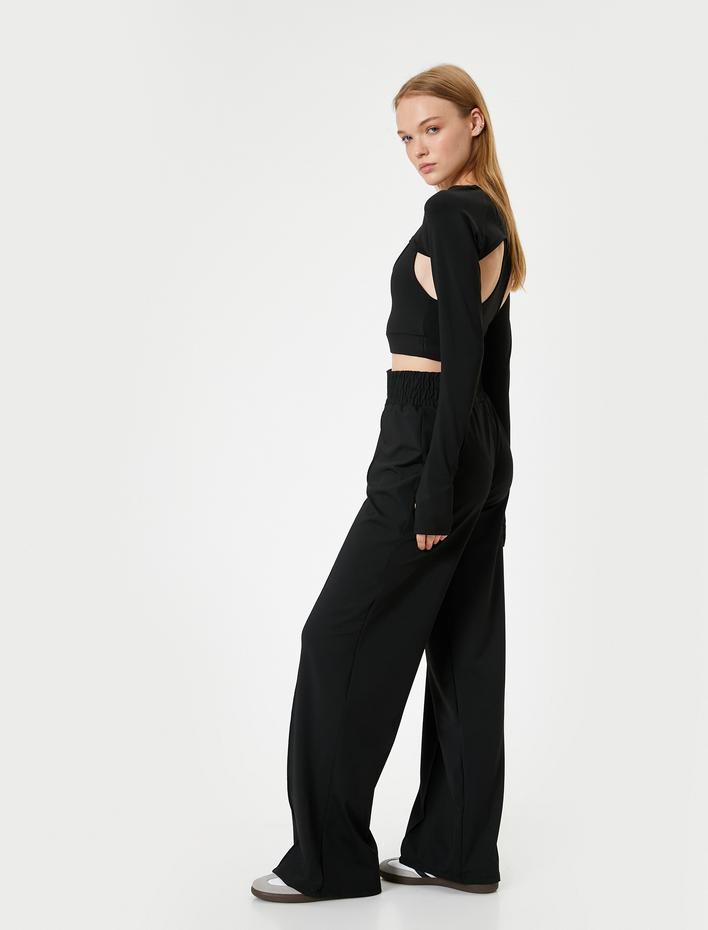  Spor Eşofman Altı Geniş Paça Yüksek Bel Sloganlı Nervürlü İnterlok