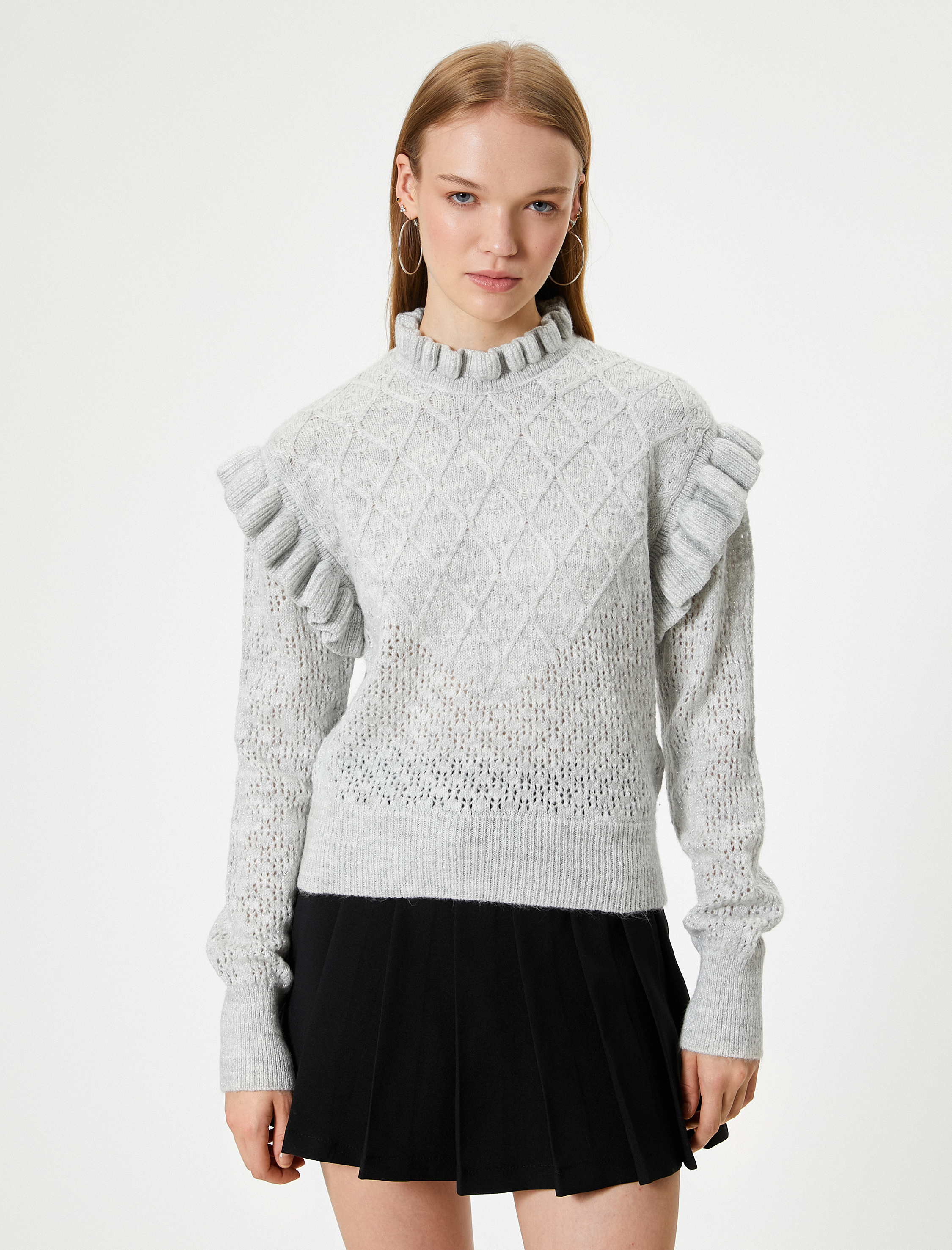   Triko Kazak Dokulu Fırfır Detaylı Dik Yaka