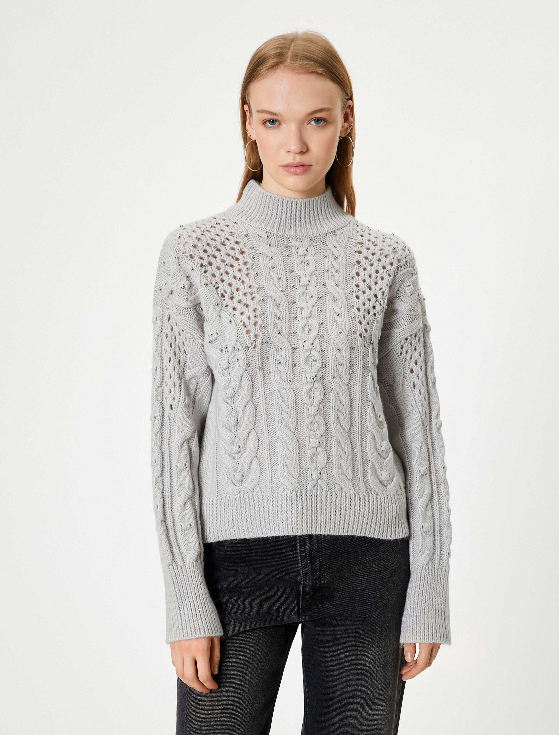   Ajurlu Triko Kazak Boncuk İşlemeli Dik Yaka