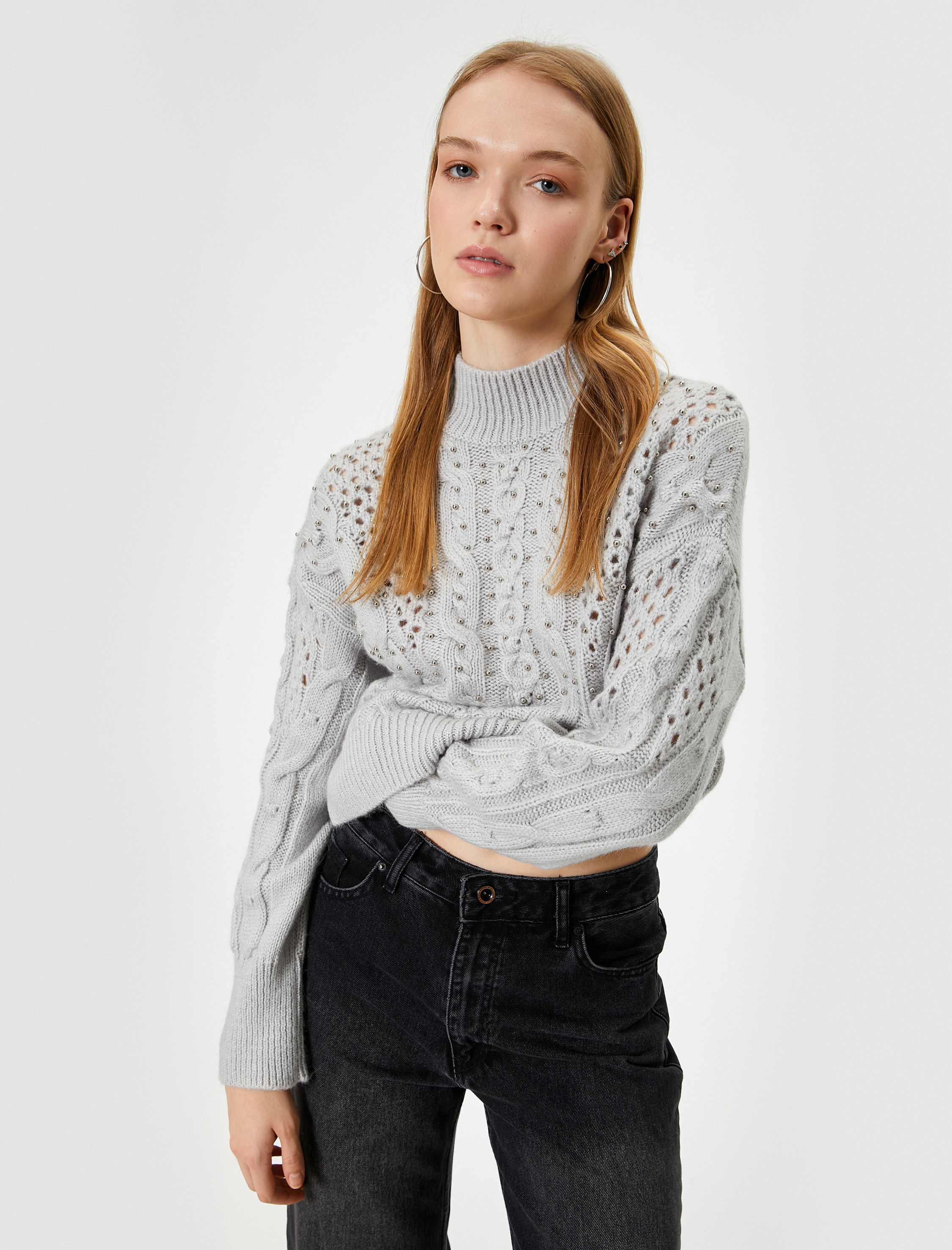   Ajurlu Triko Kazak Boncuk İşlemeli Dik Yaka