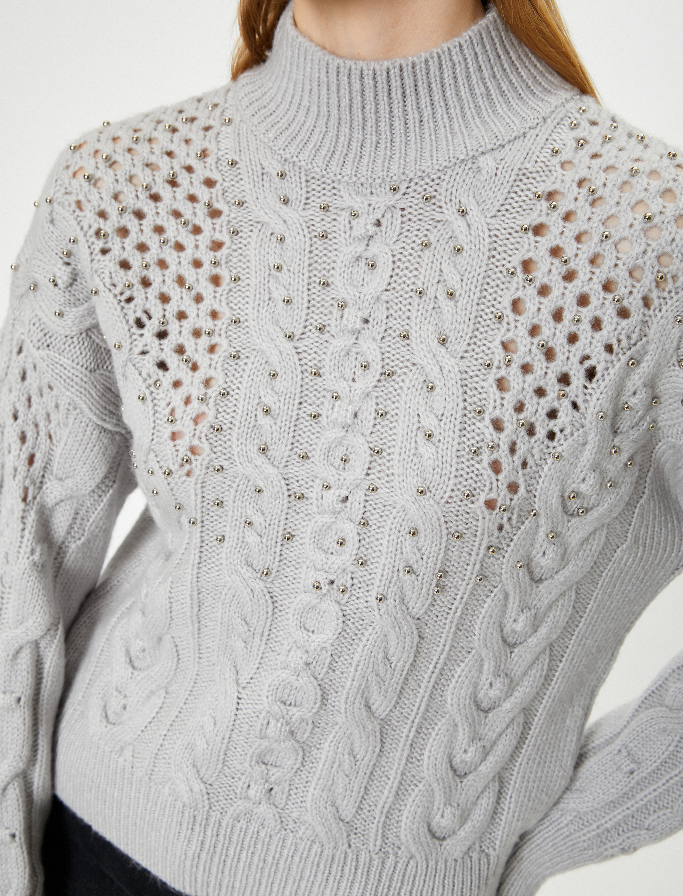   Ajurlu Triko Kazak Boncuk İşlemeli Dik Yaka