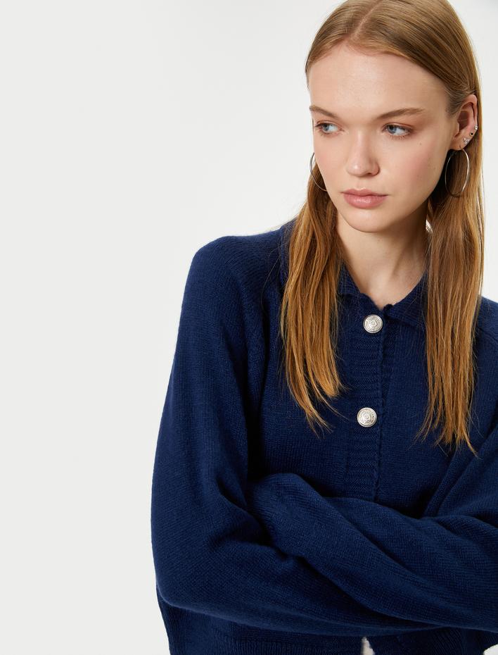  Triko Hırka Gömlek Yaka Düğmeli Uzun Kollu