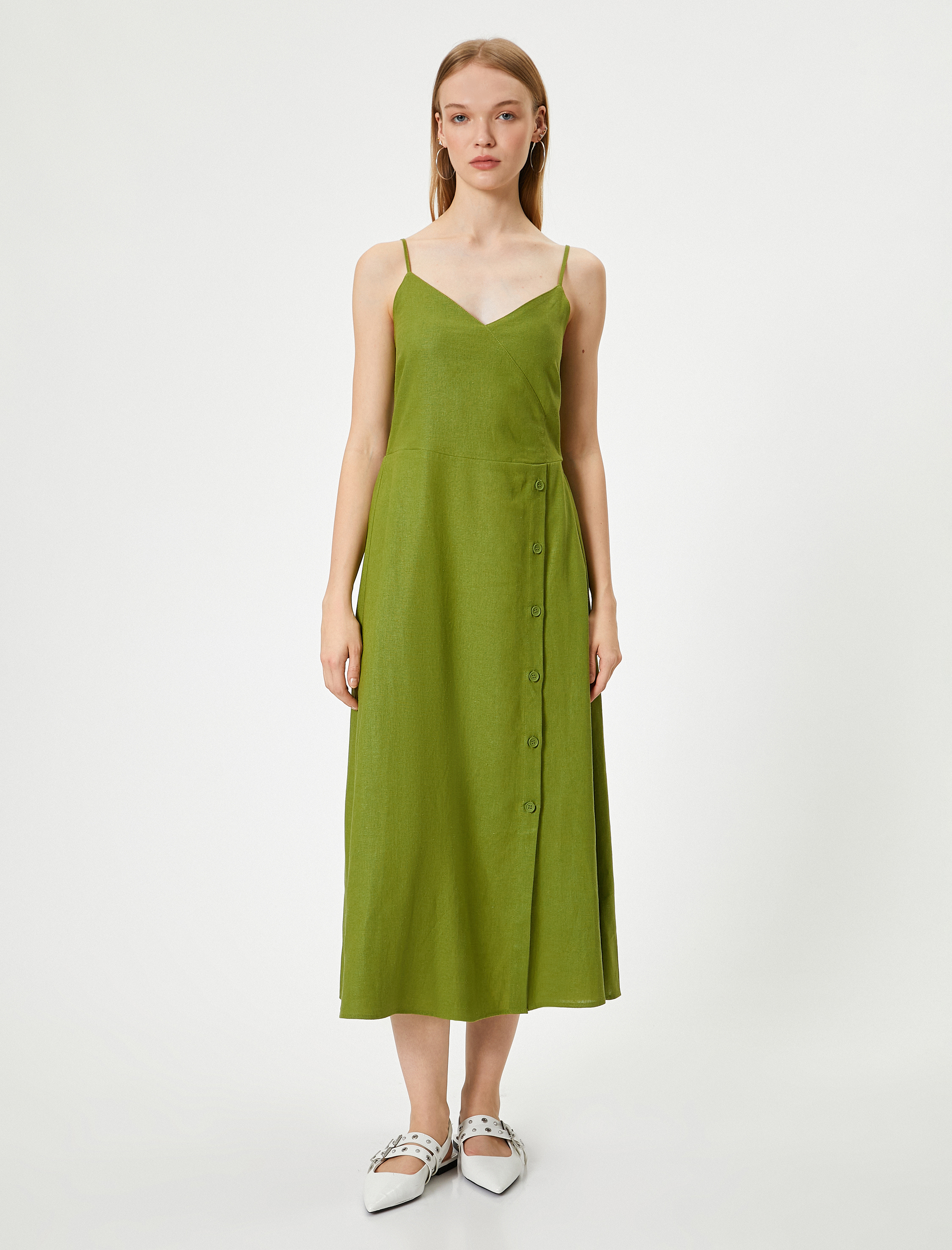 Midi Keten Elbise Kruvaze Yaka Düğme Detaylı İnce Askılı