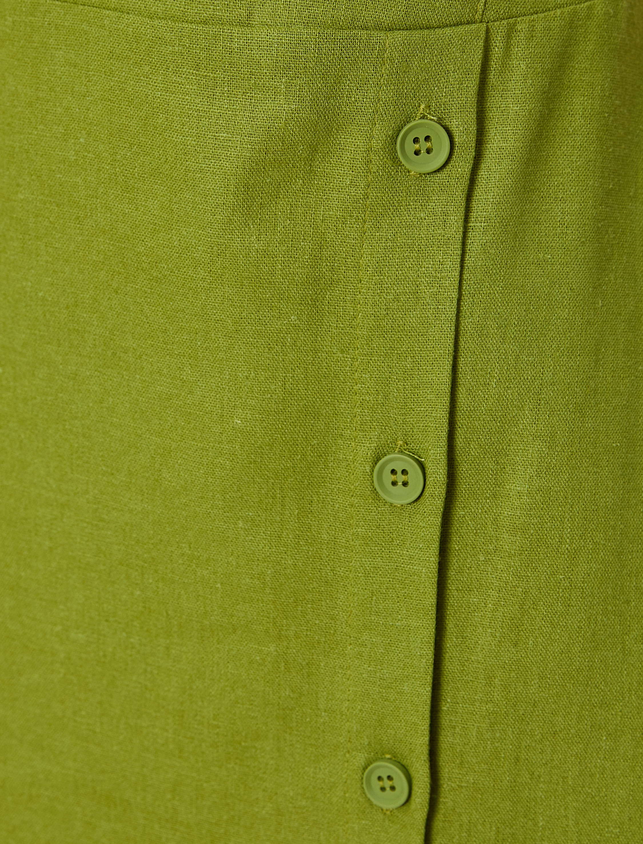 Midi Keten Elbise Kruvaze Yaka Düğme Detaylı İnce Askılı