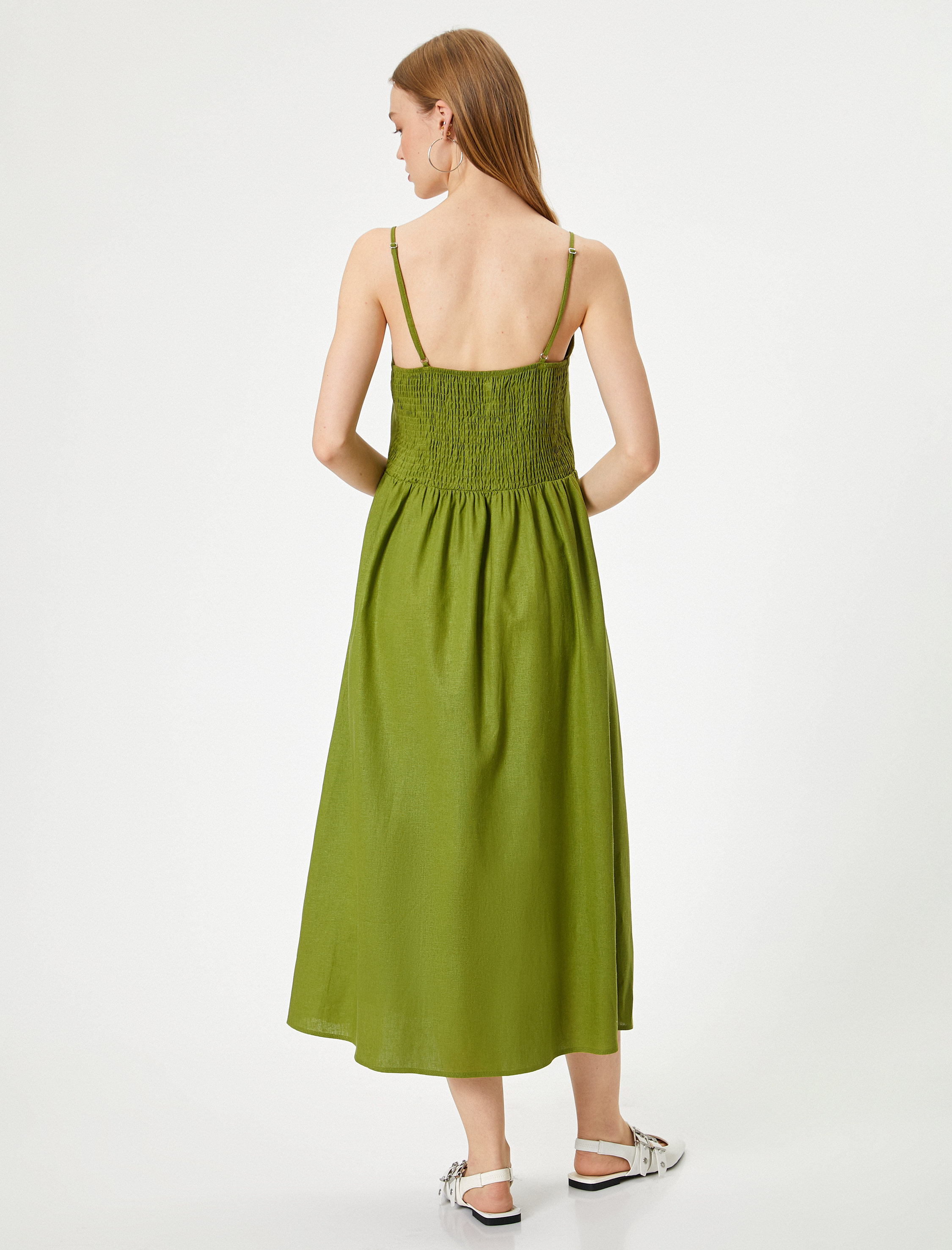 Midi Keten Elbise Kruvaze Yaka Düğme Detaylı İnce Askılı