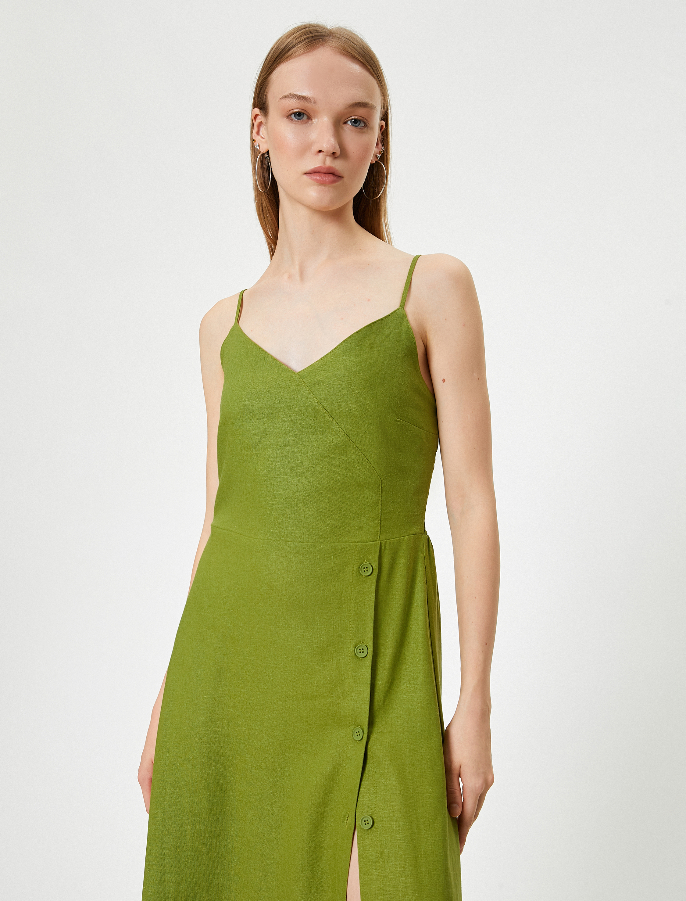 Midi Keten Elbise Kruvaze Yaka Düğme Detaylı İnce Askılı