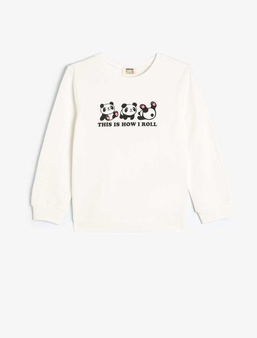  Kız Çocuk Sweatshirt Uzun Kollu Ayıcık Baskılı Bisiklet Yaka Pamuklu