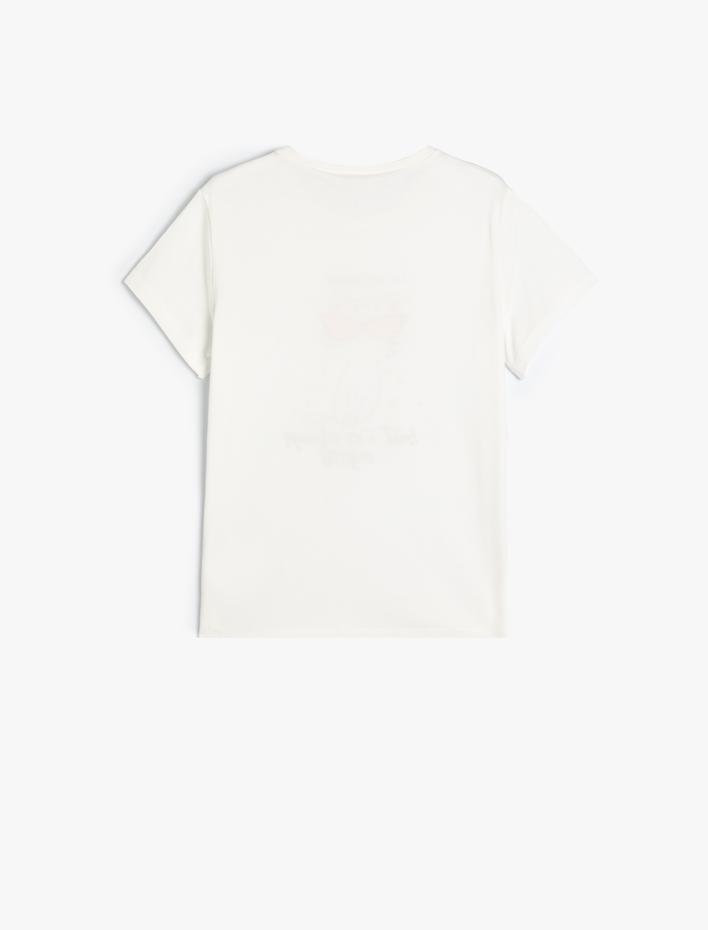 Kız Çocuk Tişört Kısa Kollu Kedi Baskılı Bisiklet Yaka Pamuklu